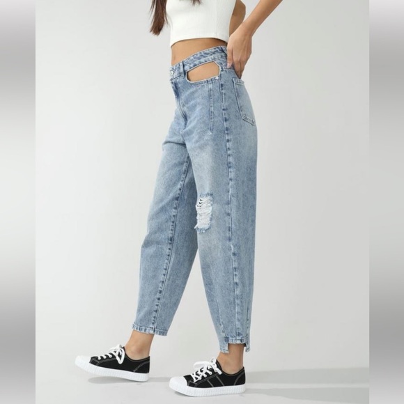 PIMKIE High Waisted Slouchy Cut Out Mom Jeans in Light Blue Size S - Picture 2 of 16